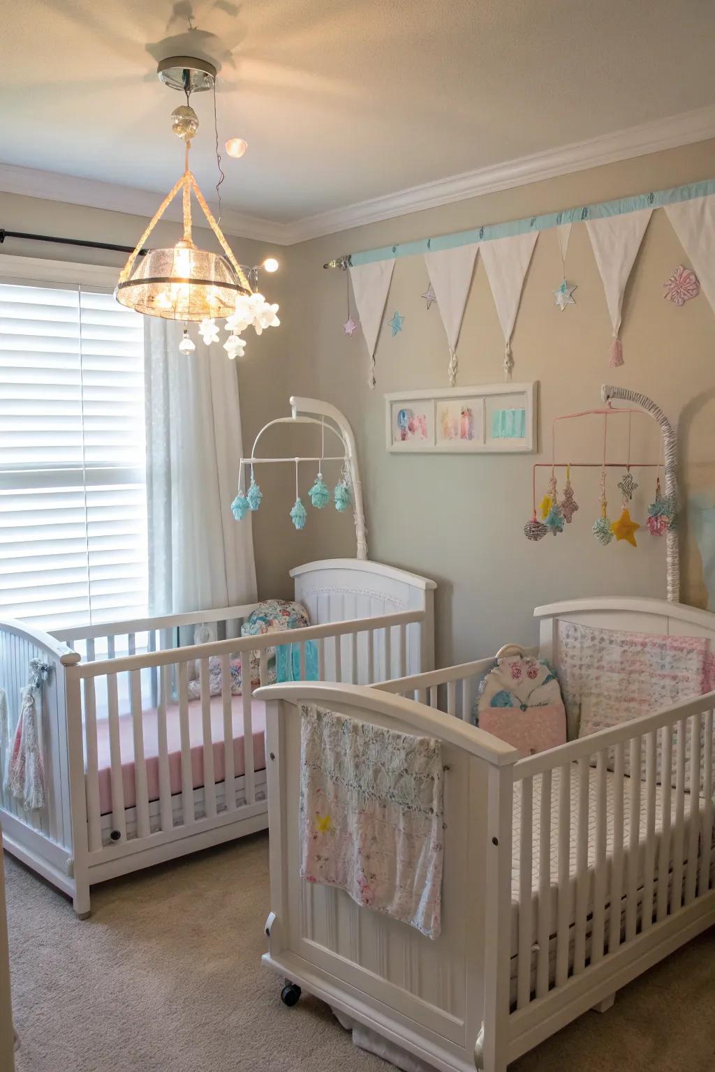 Twin-motif ornamentation fosters harmony and allure within any nursery.