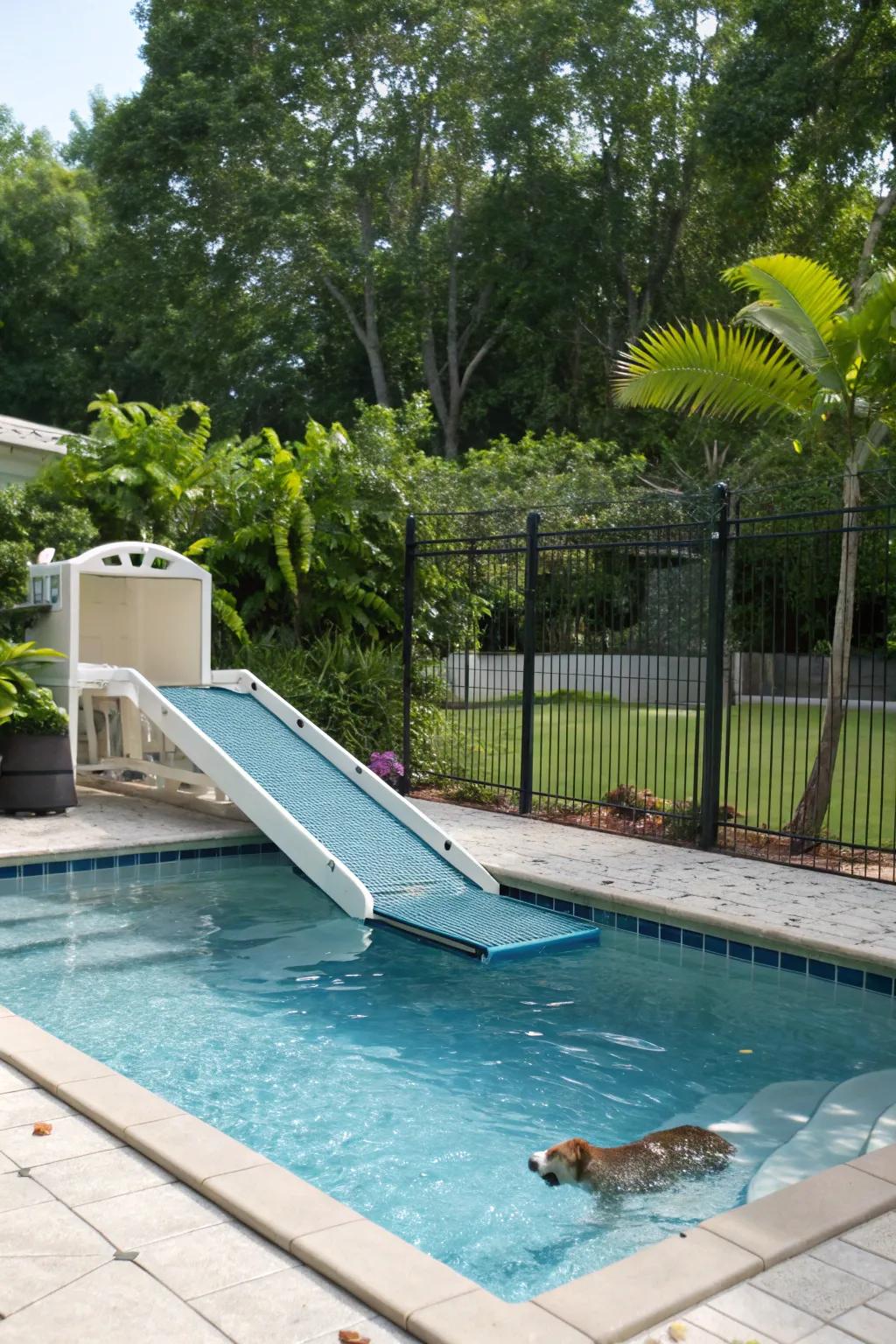 A pet-friendly pool showcasing features for secure and fun water frolic.
