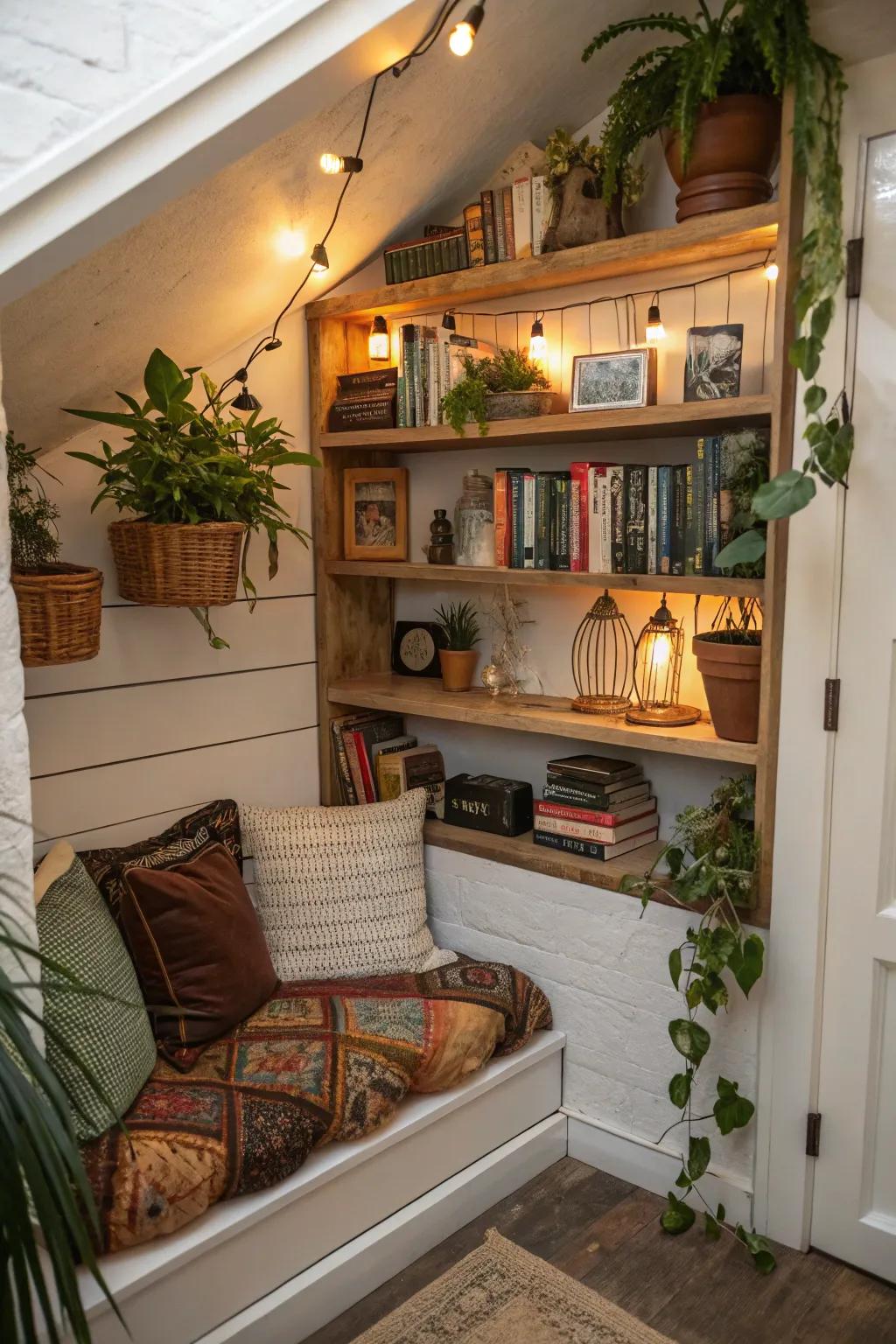 An eccentric alcove transformed with custom shelving.