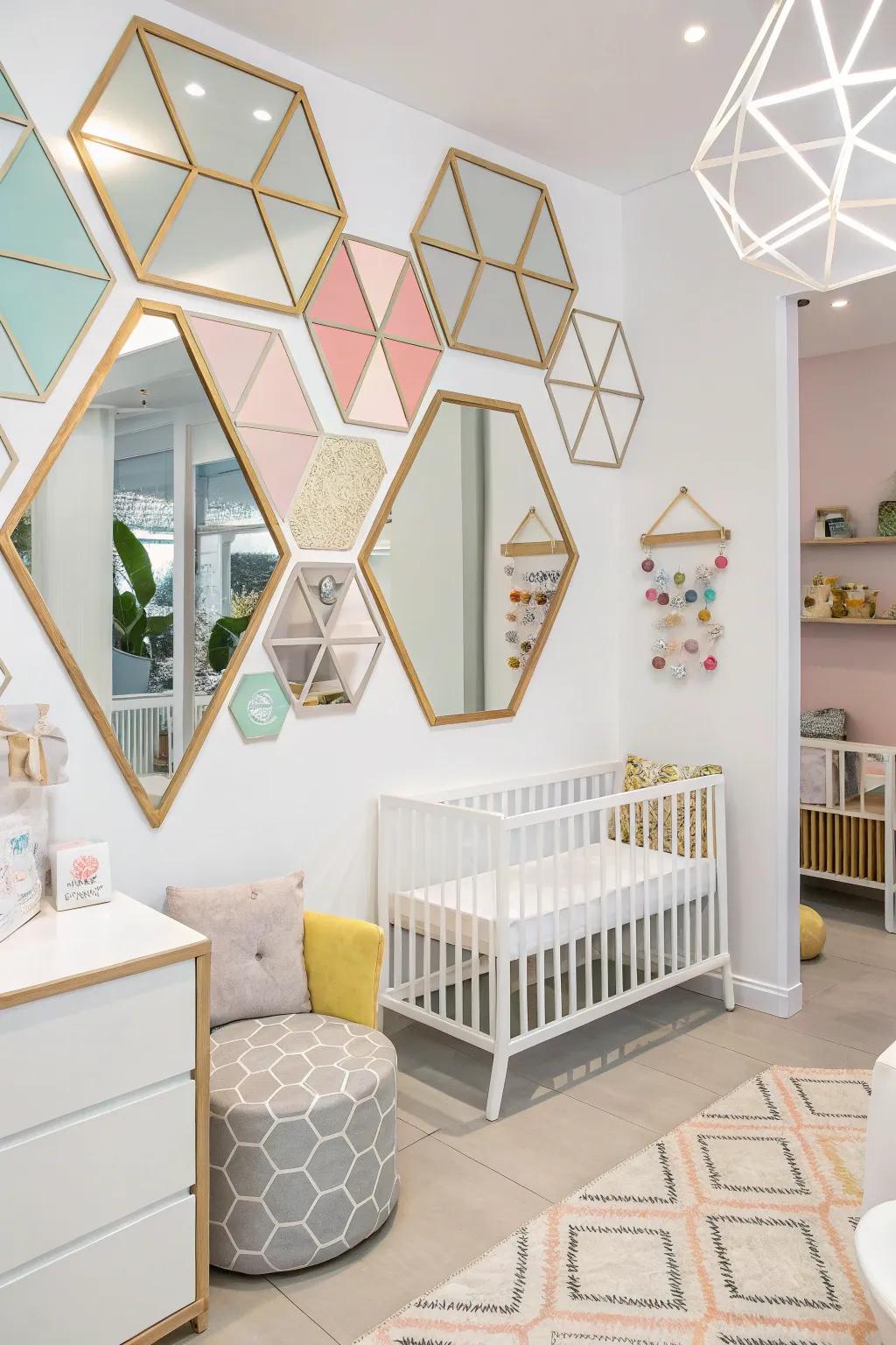 Geometric reflectors contribute a bold, modern touch to this nursery.