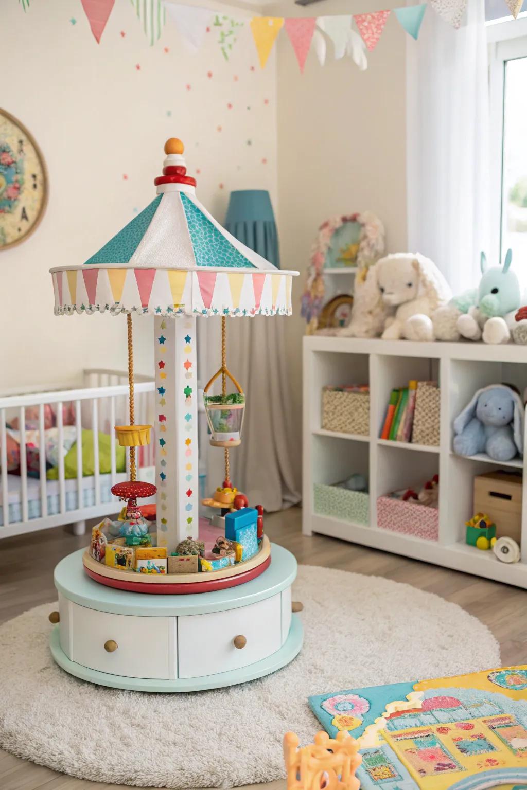A revolving plaything carousel maintains playthings structured and effortlessly accessible.