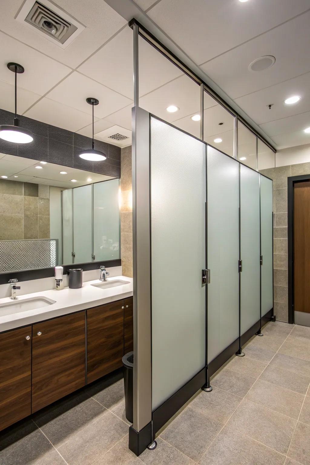 Privacy upgrades guarantee a cozy and professional lavatory atmosphere.
