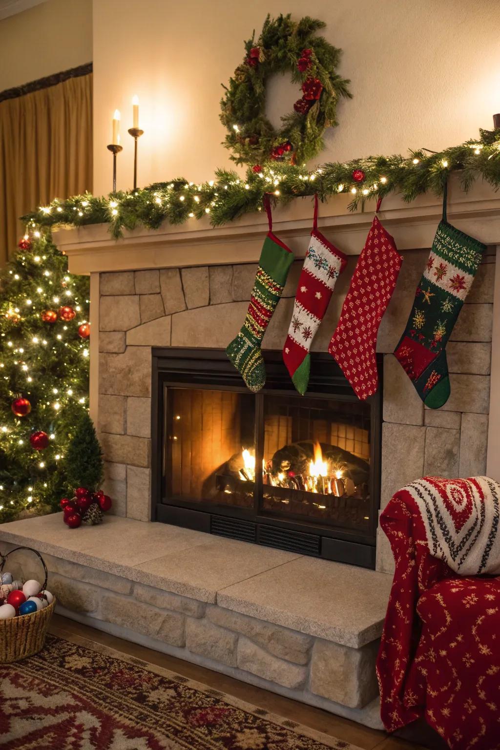 A decorated fireplace serves as the home's snug holiday epicenter.