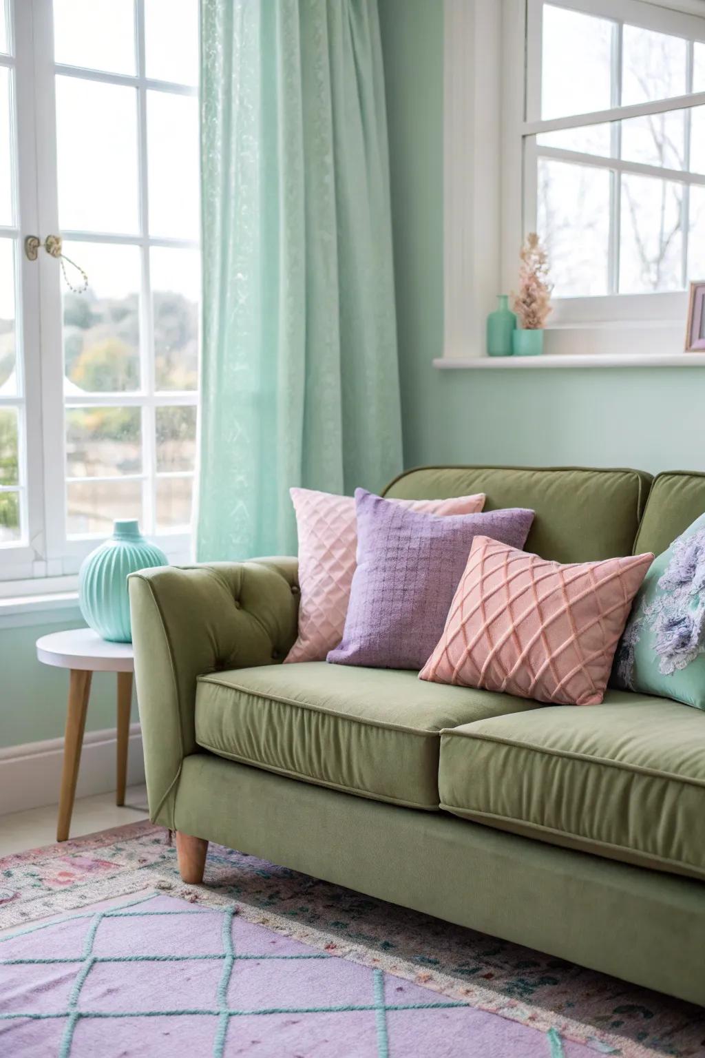Soft pastels usher a romantic and serene feel into the room.