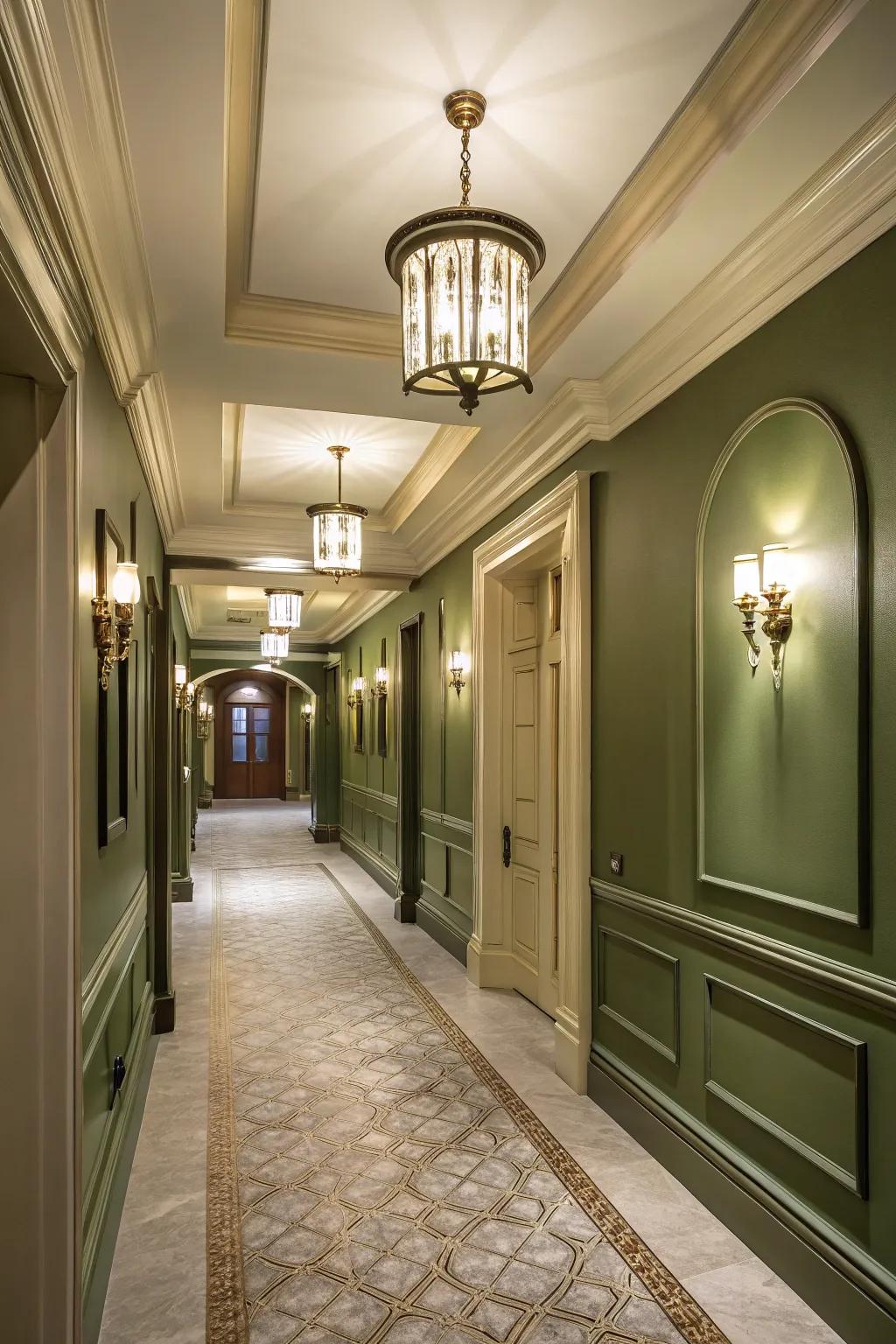 The olive green walls dress up this hallway.
