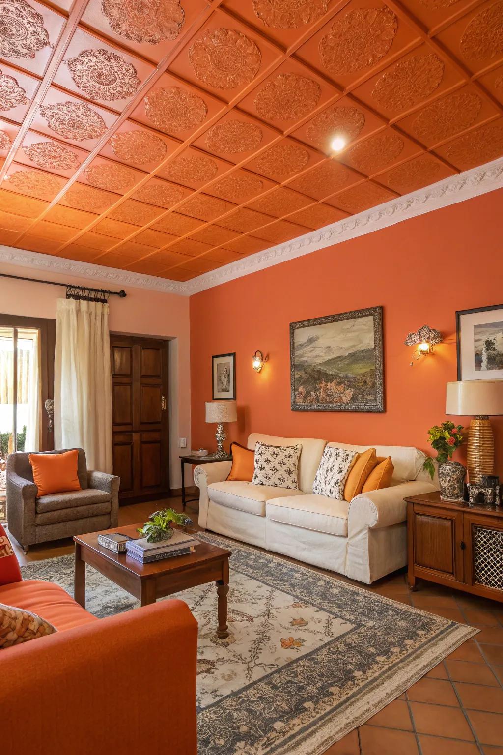 An orange ceiling brings an unexpected, stylish twist to this living room.