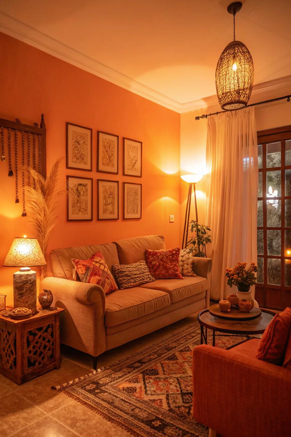 Warm lighting highlights the orange shades in this space.