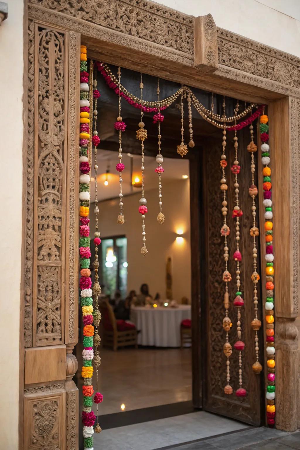 A festive ornament curtain hanging in a doorway.