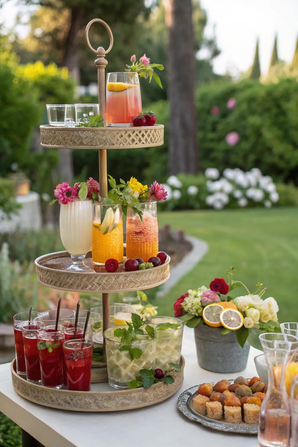 A multi-tiered display platform elegantly arranges beverages and garnishes.
