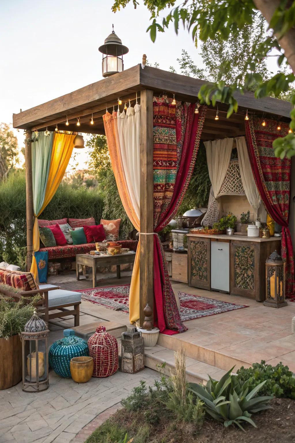 Voice your creativity with a bohemian outdoor kitchen gazebo.
