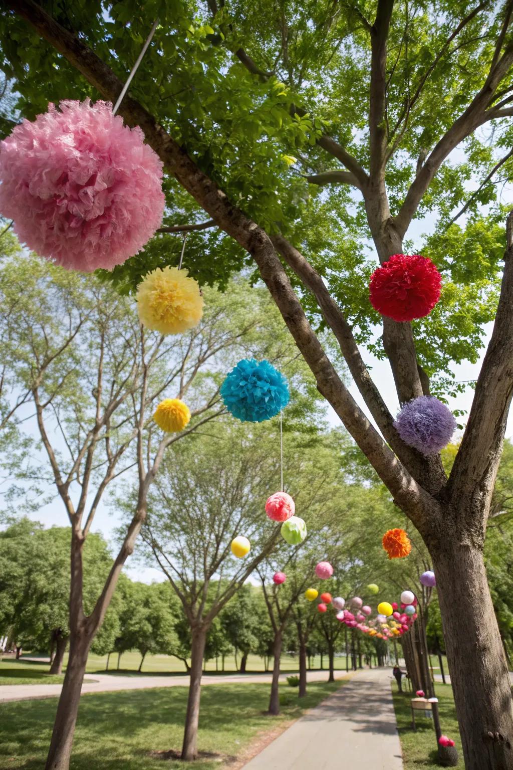 Pom-pom decorations add a playful pop of color to the park.