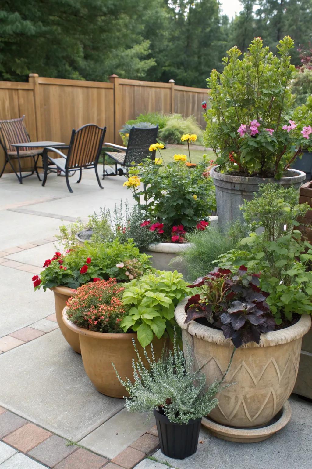 Container gardens permit adaptable and movable greenery.