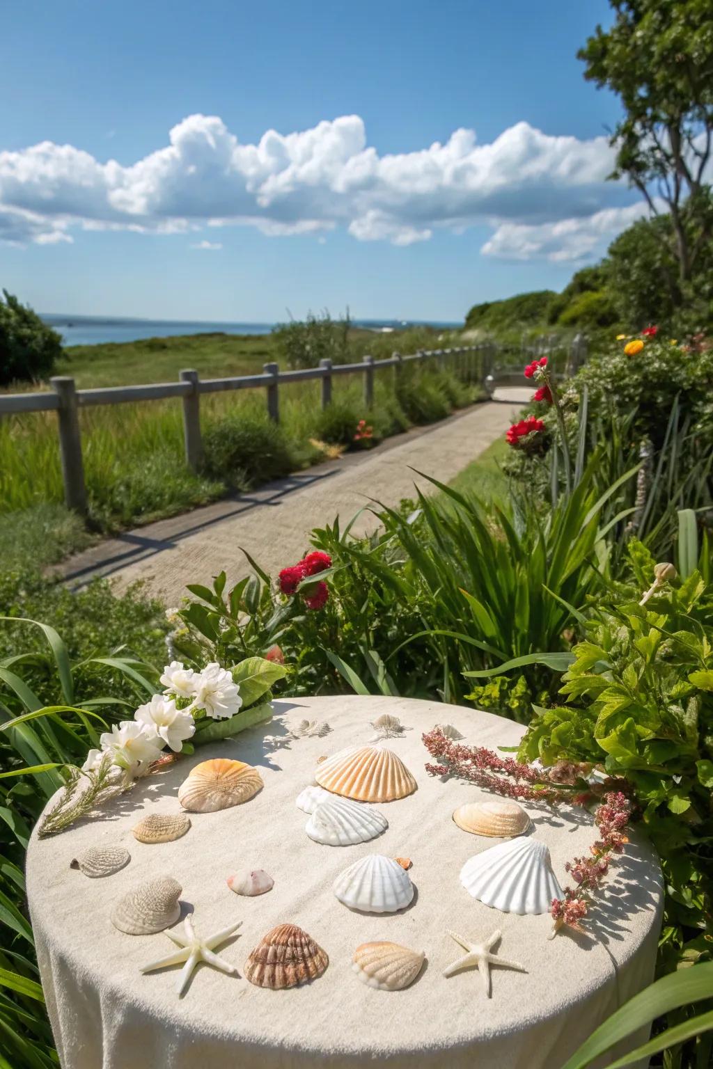 Seashell table tops infuse a coastal atmosphere into any outdoor setting.