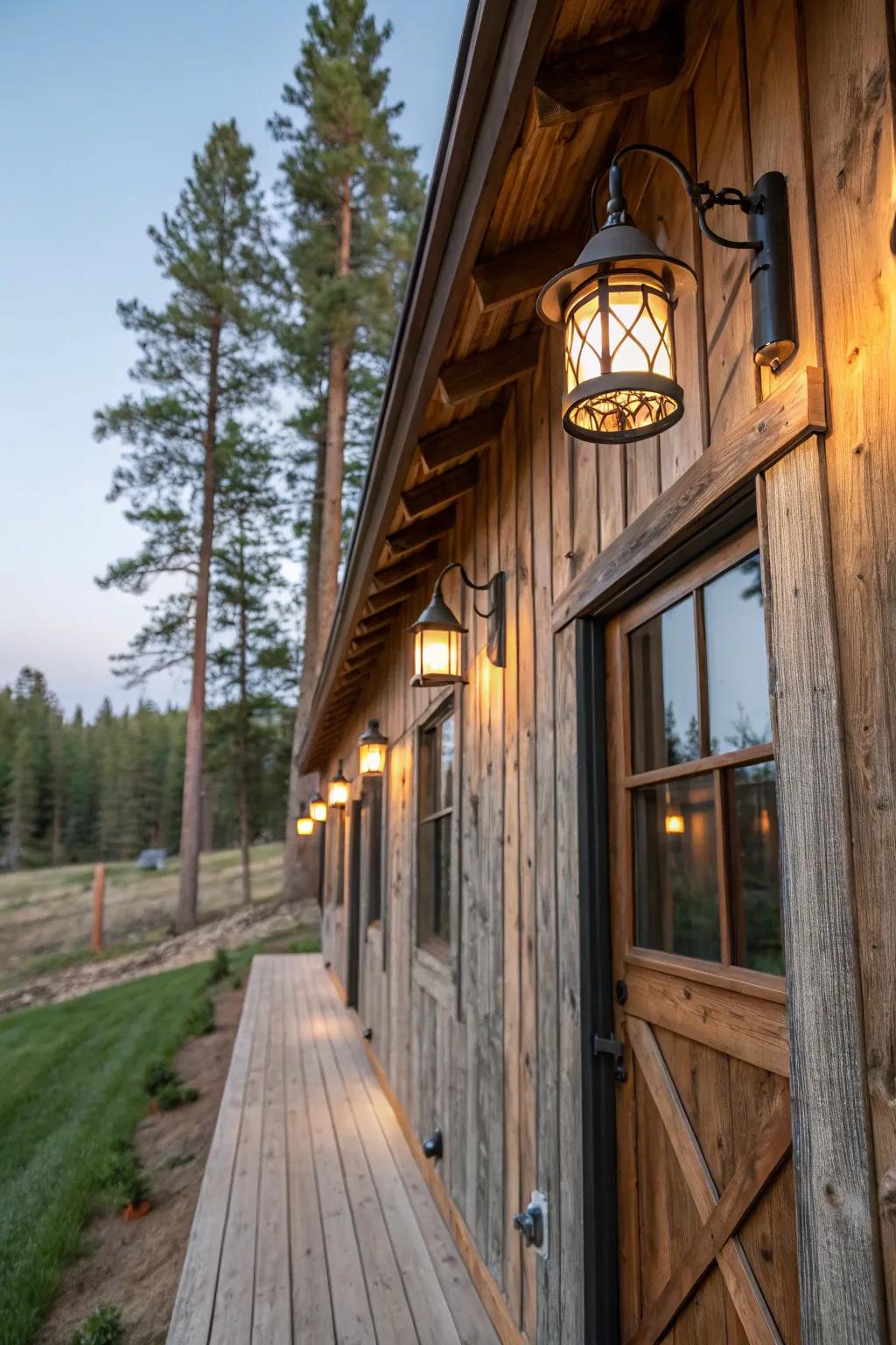 Timber accents give lighting fixtures a rustic appeal.