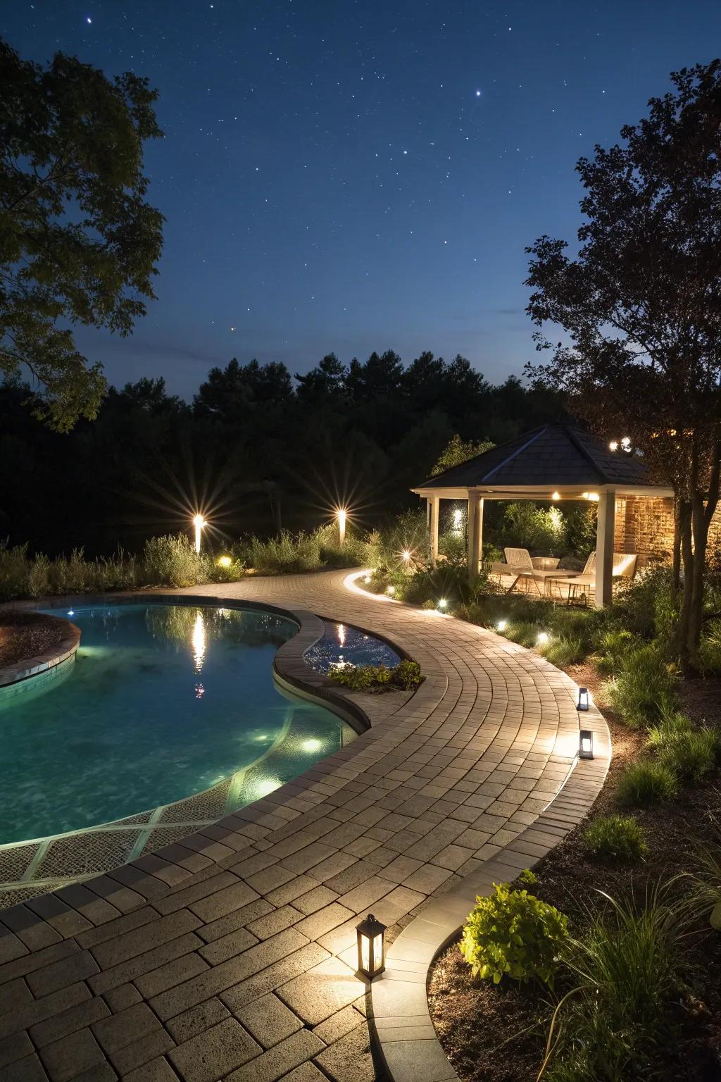Tactical lighting enhances the pool deck's evening ambiance.
