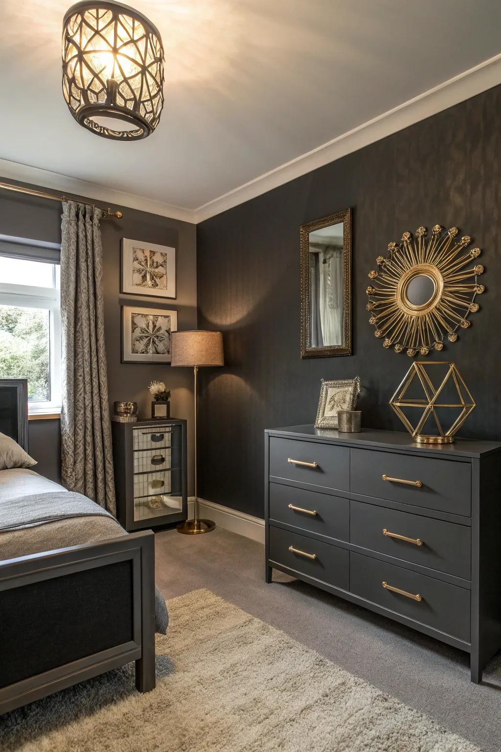 Charcoal hues introduce contemporary drama and richness to compact spaces.