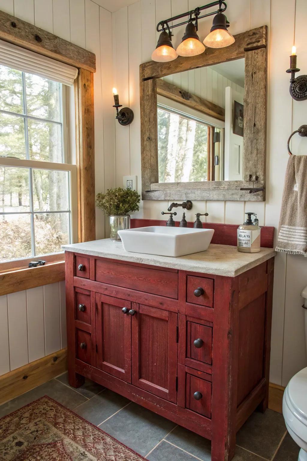 Granary crimson vanities offer rustic farmhouse charm.