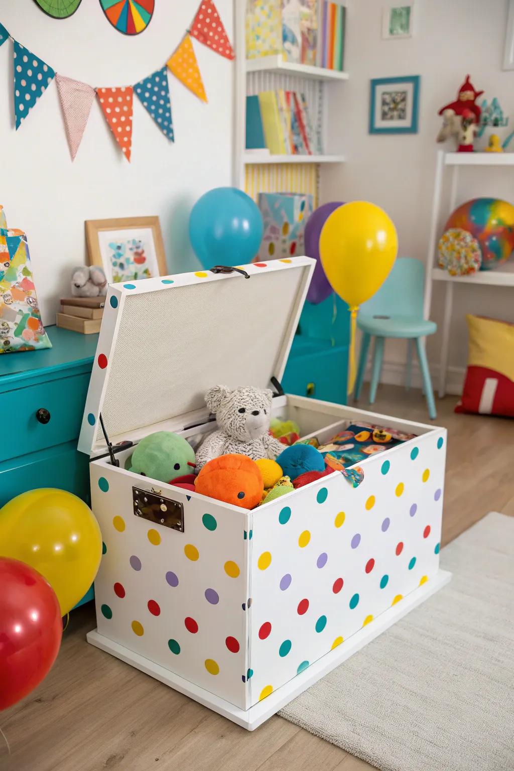 A cheerful spotted trunk, perfect for a child's playroom.