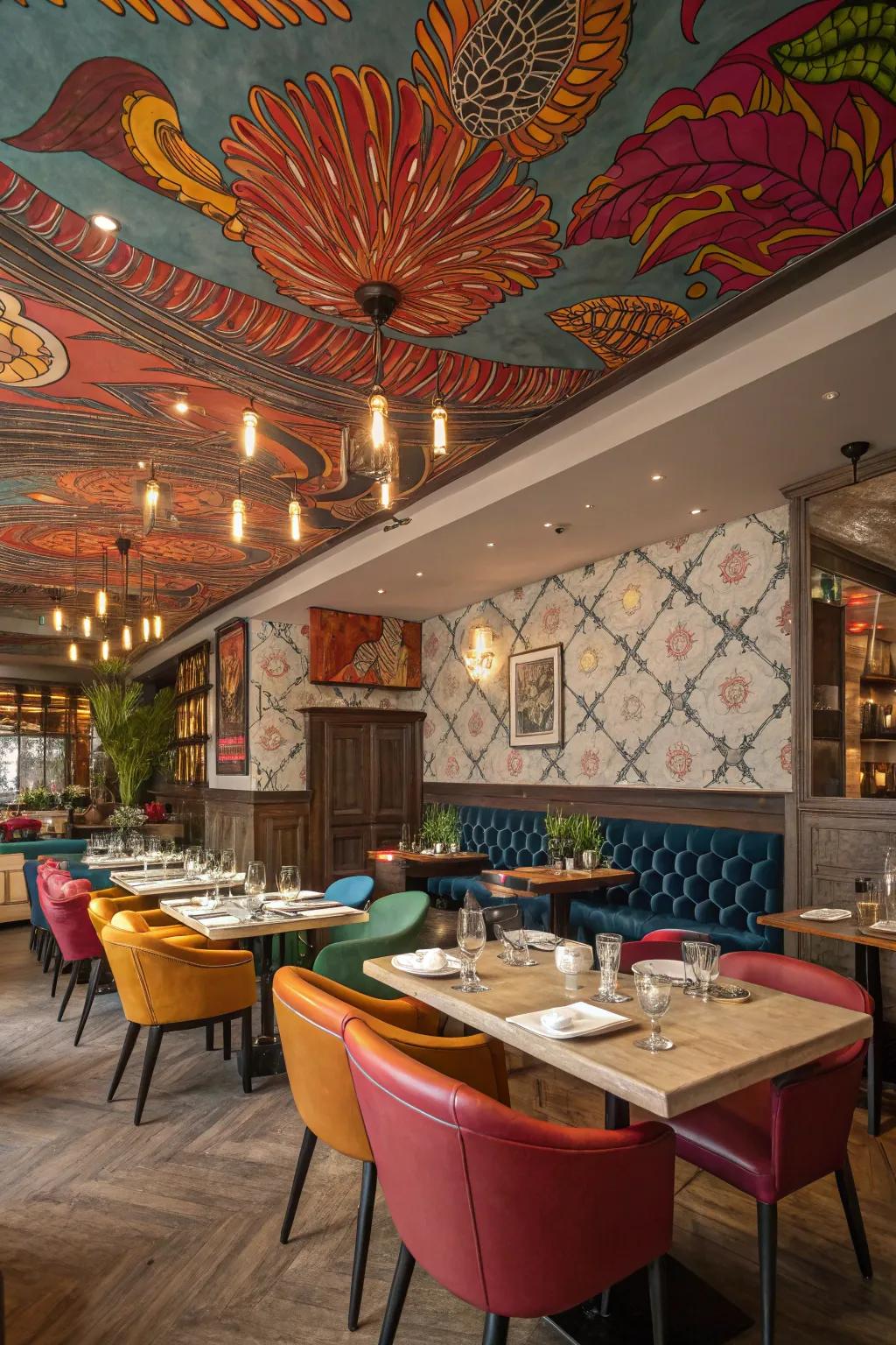 Abstract designs infuse the ceiling with creative flair.