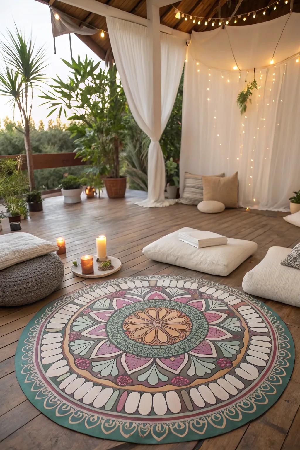A meditation nook with geometric figure painted floors, creating a serene and spiritual retreat.