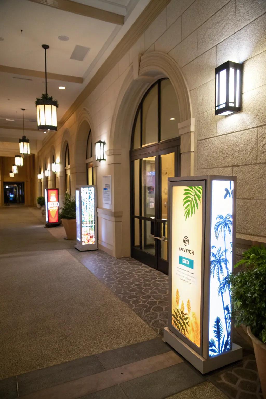 Imaginative signage using illuminated boxes imparts an artistic nuance to your party's entryway.
