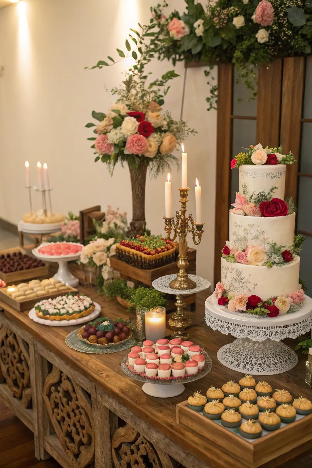 A themed sweet treat dining surface at a rice-feeding party.