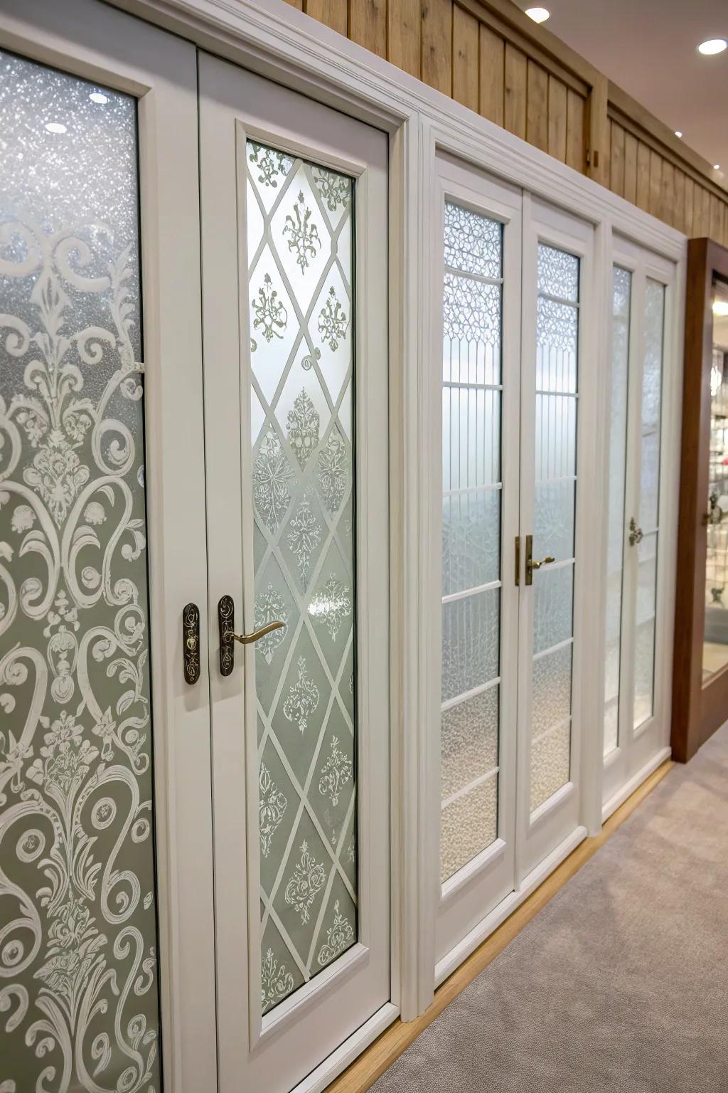 Glass treatments offer both flair and privacy for your patio doors.