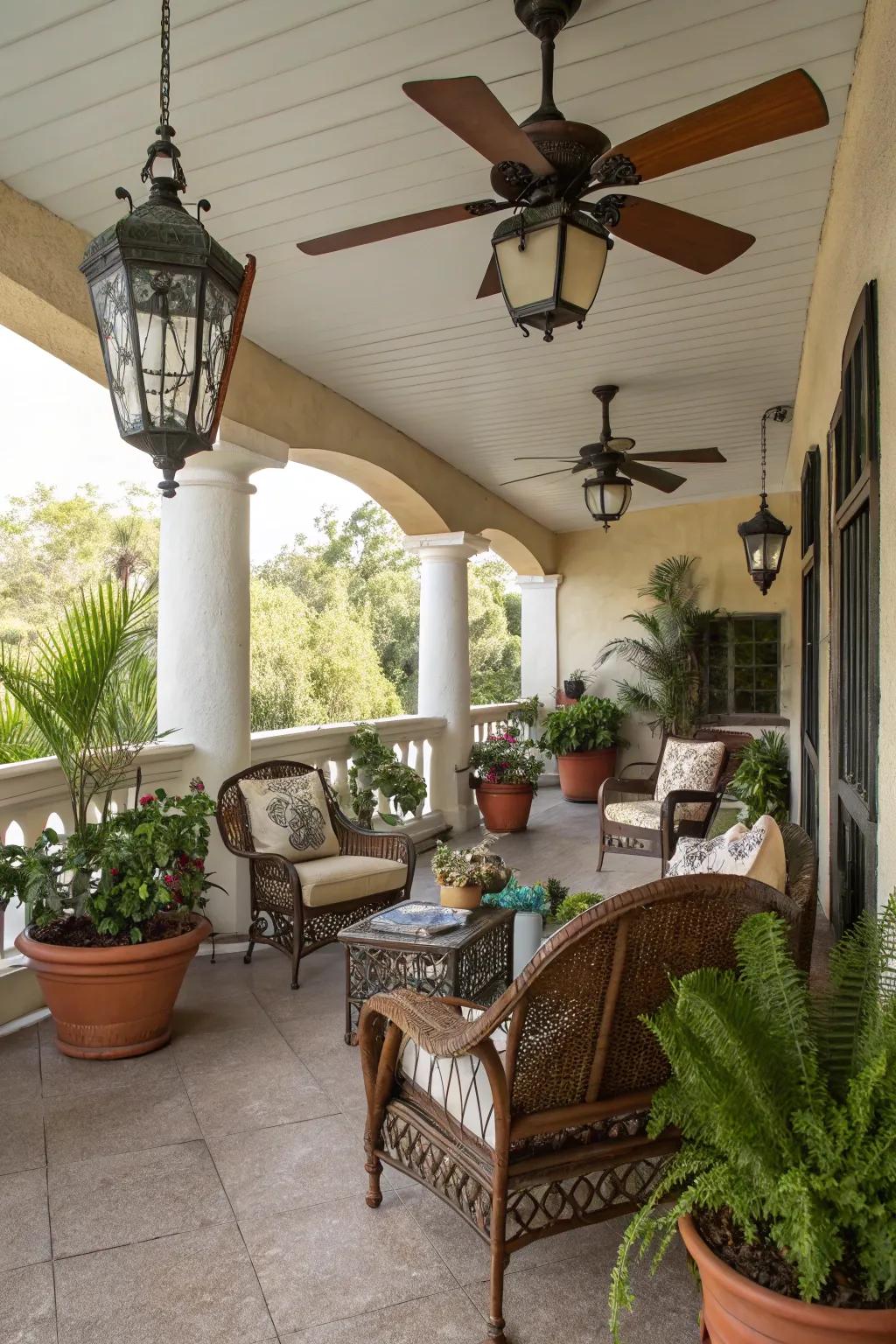 A retro-themed patio showcasing a vintage-inspired ceiling fan.