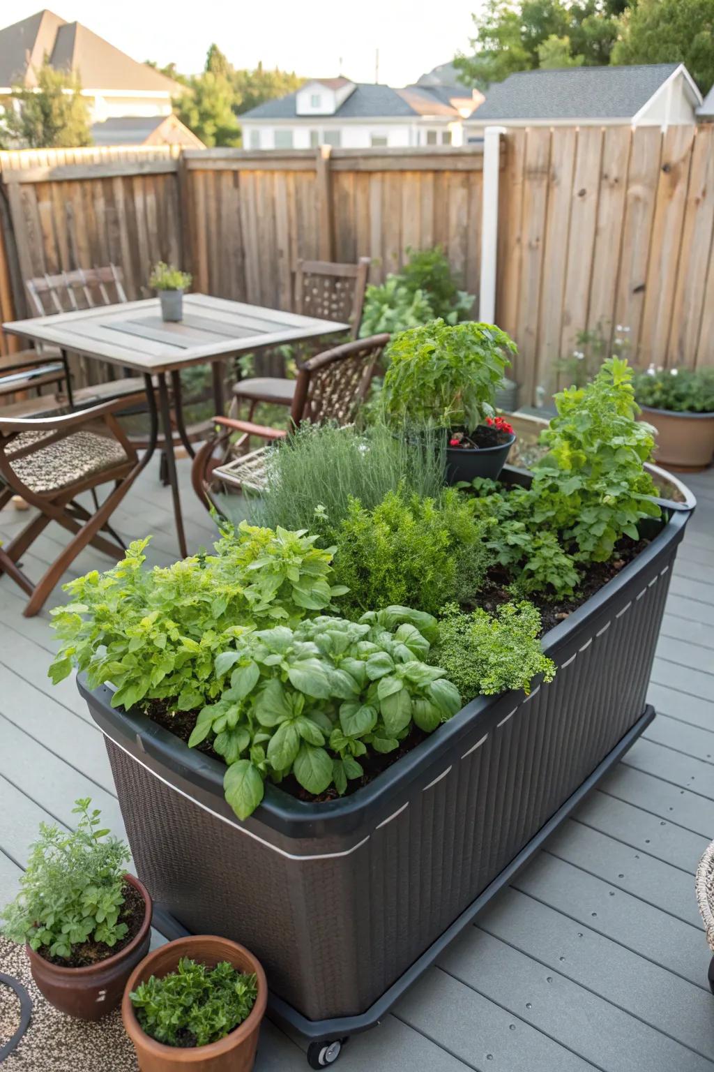 Movable herb pot for adaptable tending.