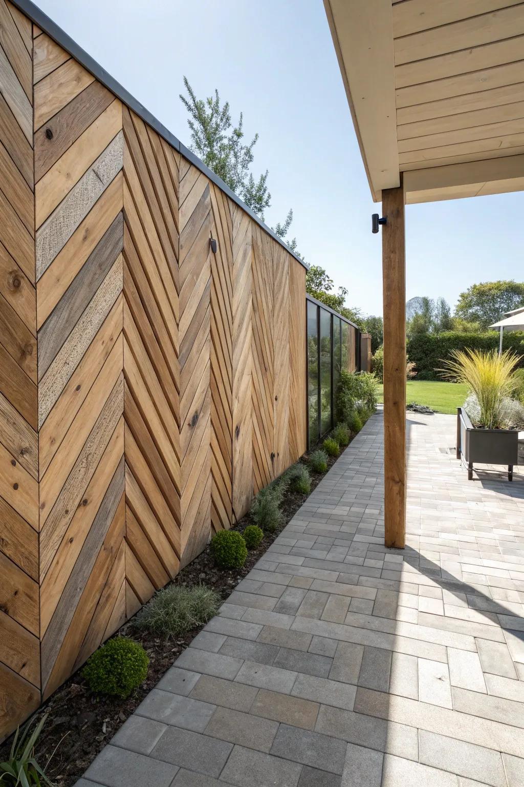 A patio structure featuring a striking chevron timber motif.