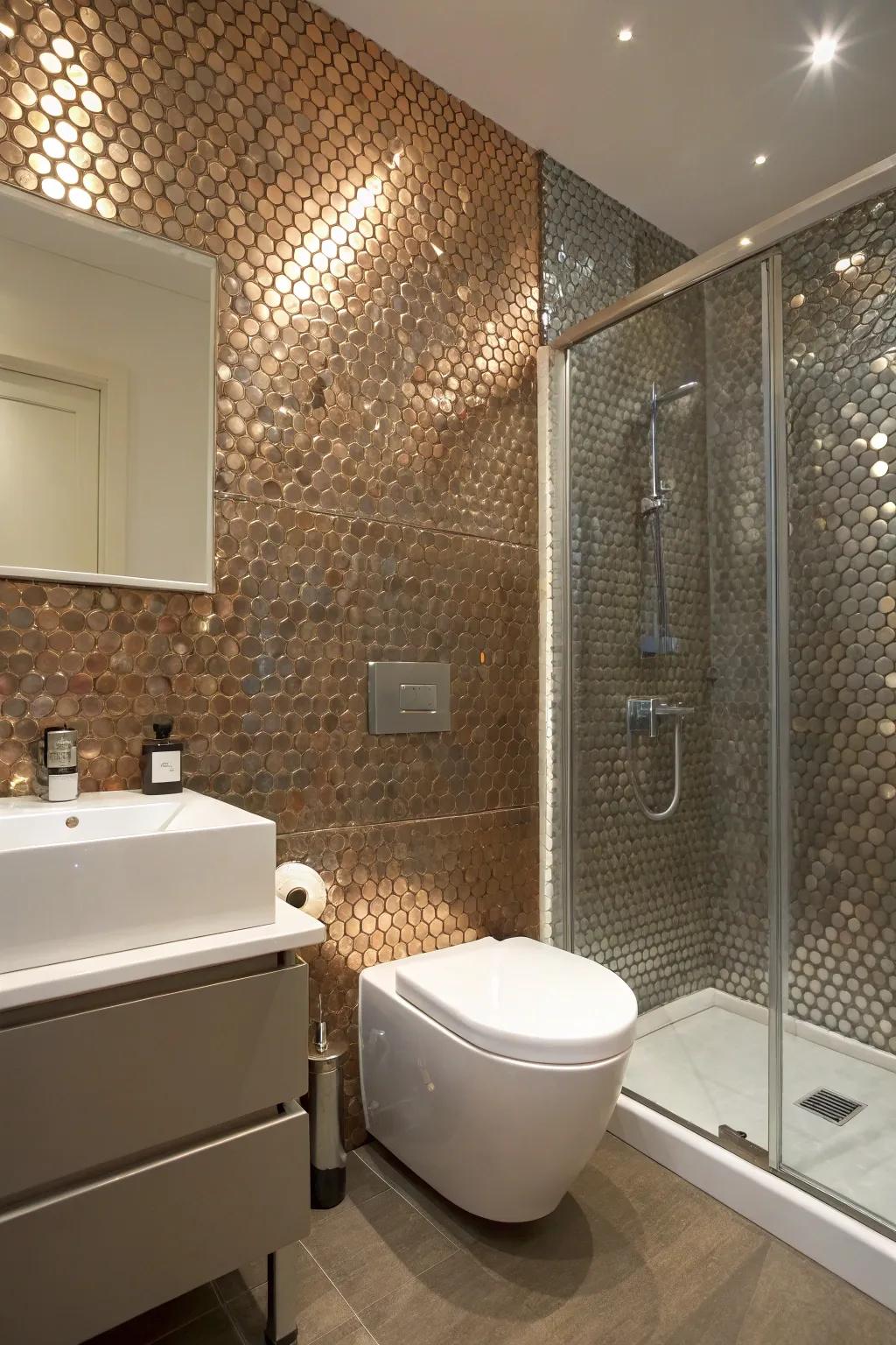 Glamorous metallic penny tiles introduce a modern touch.
