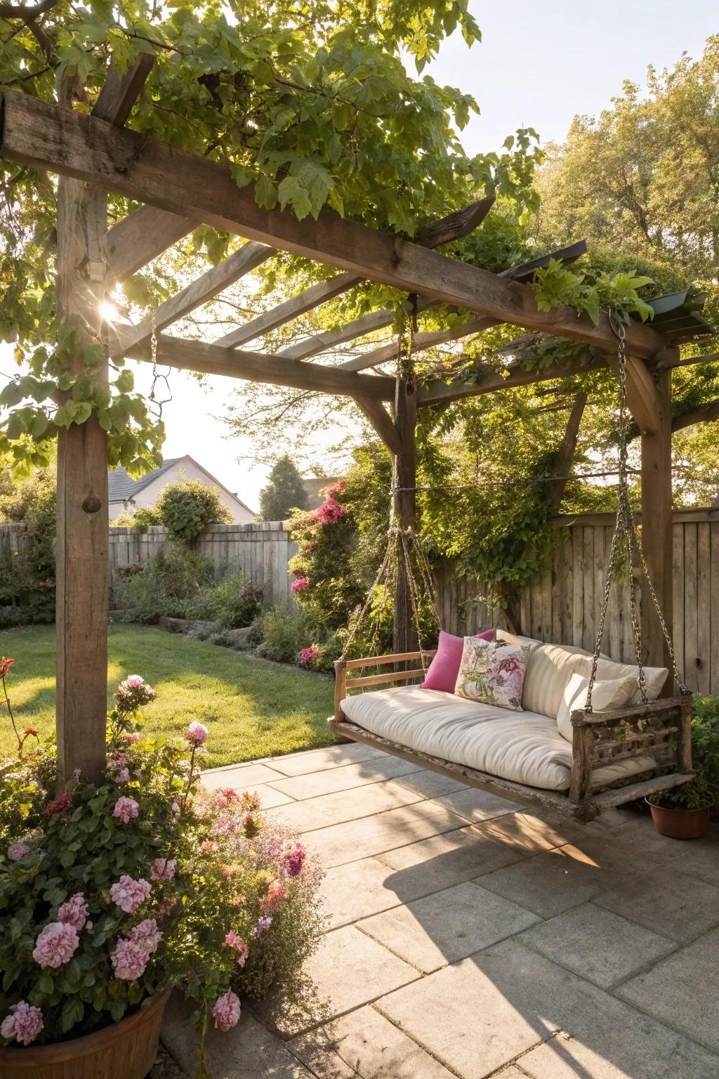 A swing beneath your overhead offers a perfect spot to relax.