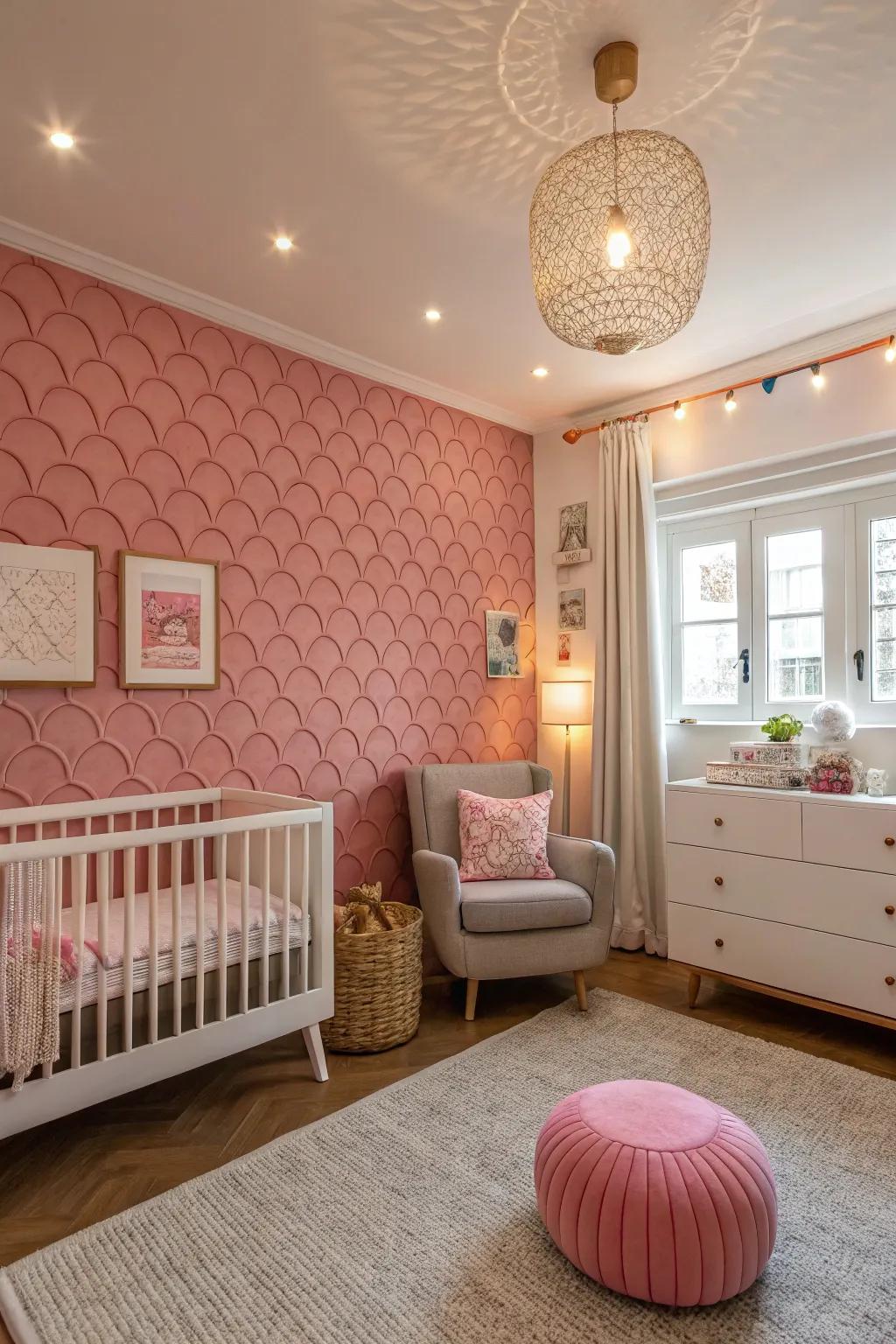 A nursery via fabricated rose wallpaper that entices exploration.
