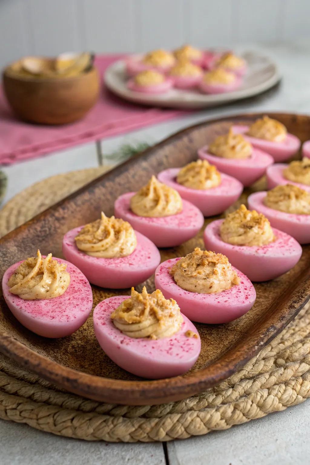 Rosy filled ovals present a colorful and tasty starter.