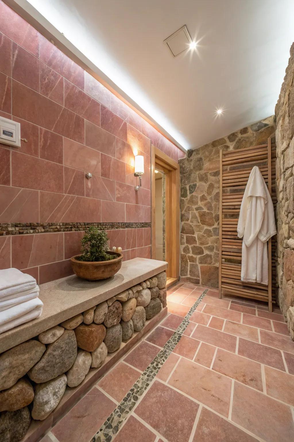 A natural combination of earthy pink tiles with natural stone.