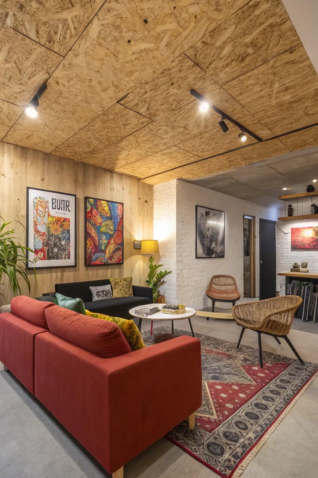 A playful embossed plywood ceiling adding personality to the room.