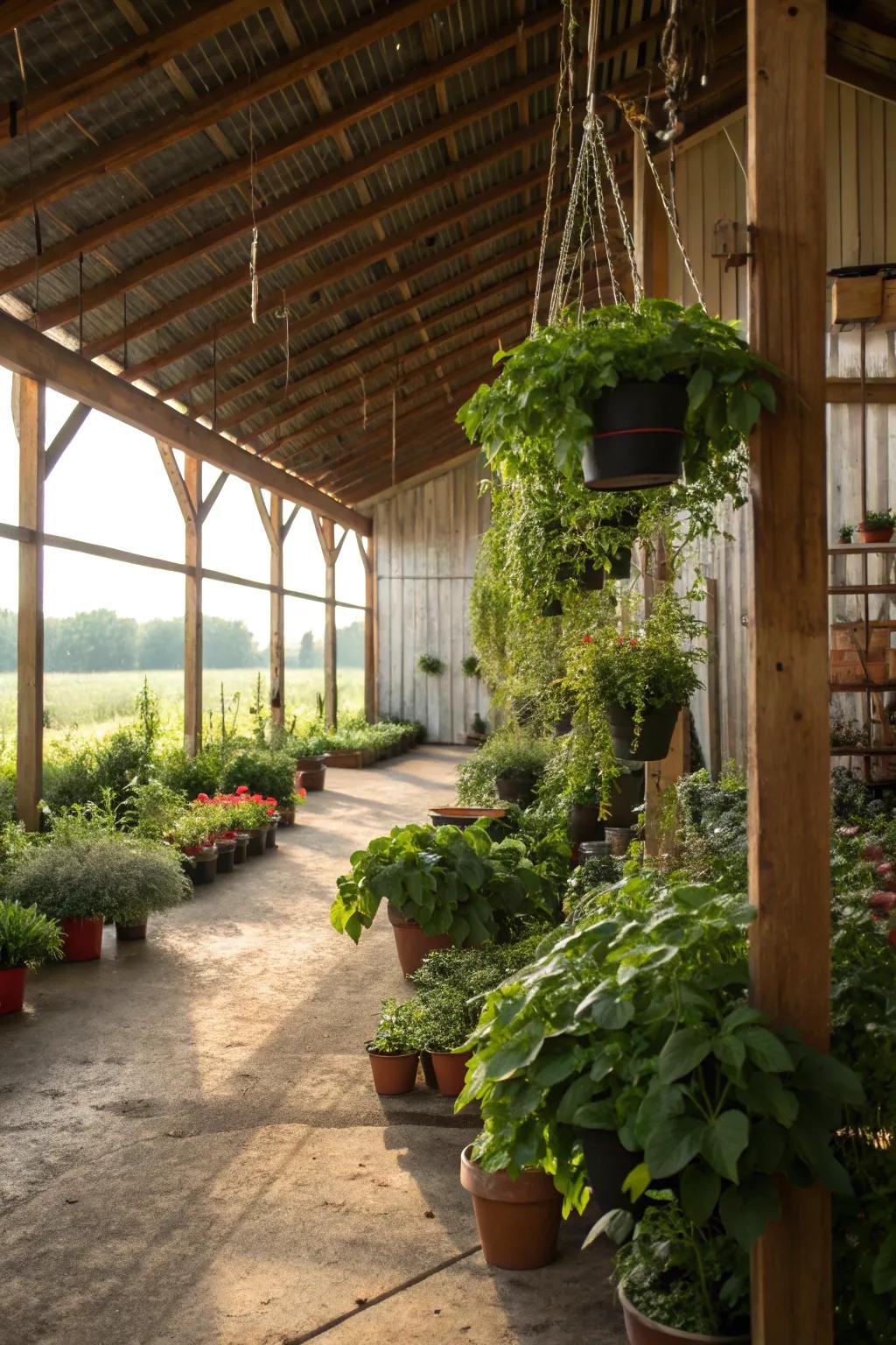 Potted plants and hanging vegetation make up an interior garden in a pole barn.