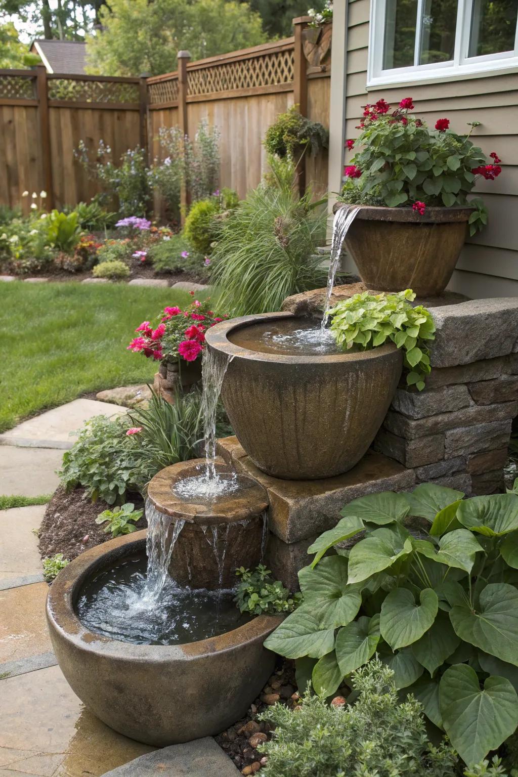 A tiered water display showcasing cascading containers.