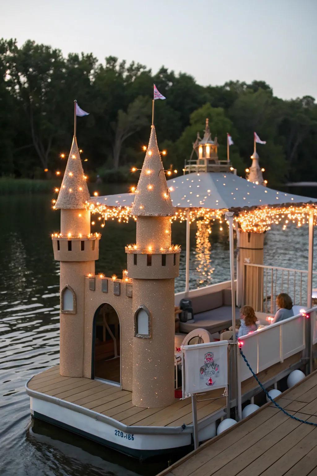 A fairytale castle-themed pontoon boat featuring enchanting towers.