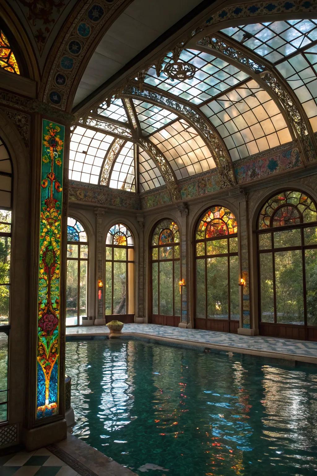 Variegated panels design a lively and private pool backdrop.