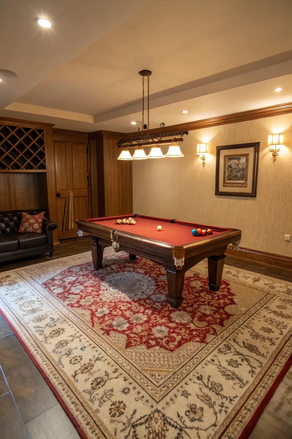 A statement rug elevates the style and defines the space in a small pool room.