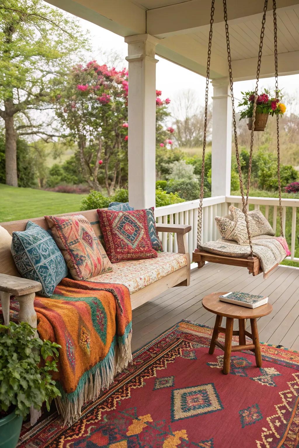 Lively weaves add color and comfort to the porch.