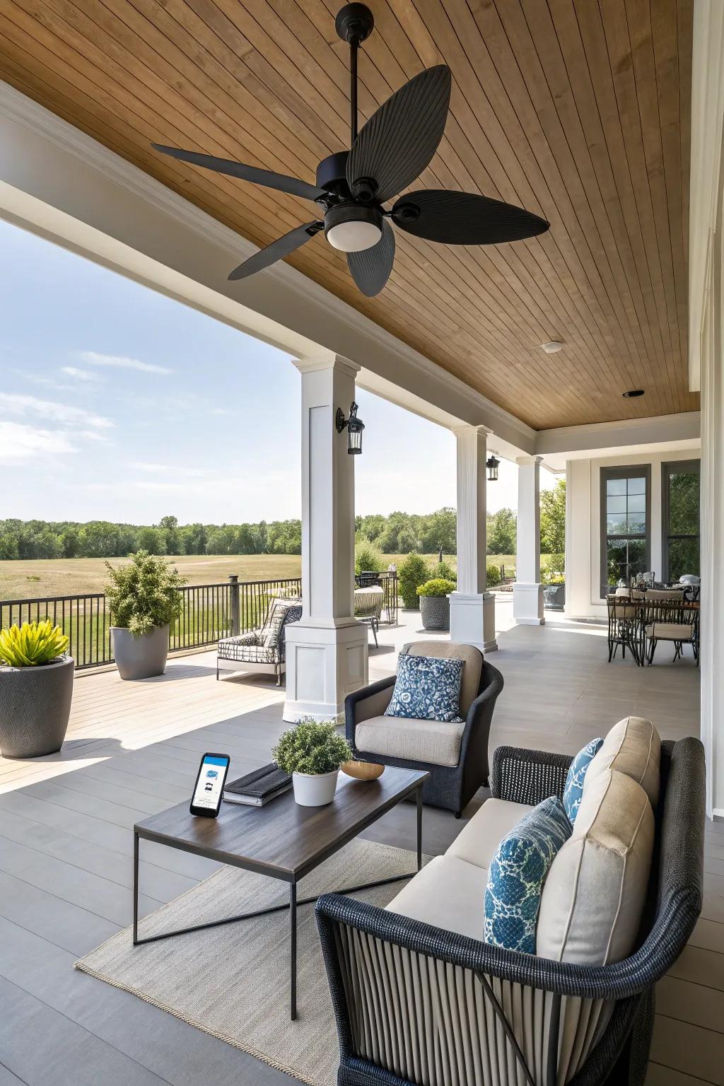 A smart air circulator offers convenient control in this tech-friendly porch.