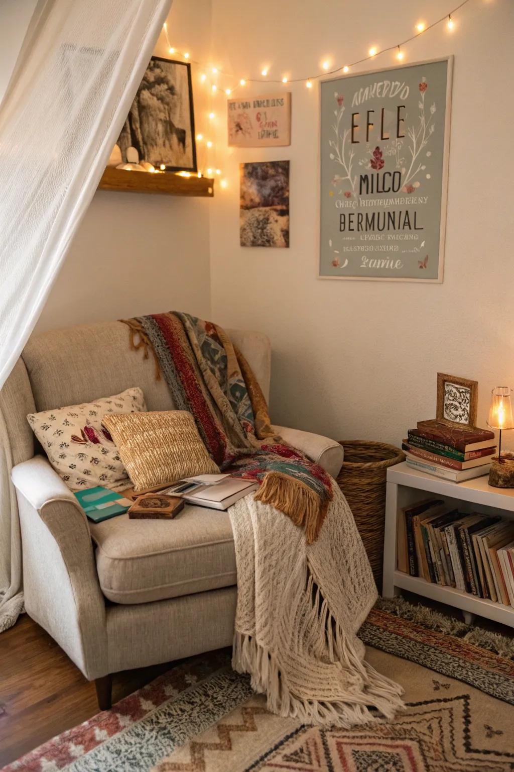 A bohemian name display accentuating the coziness of a reading space.