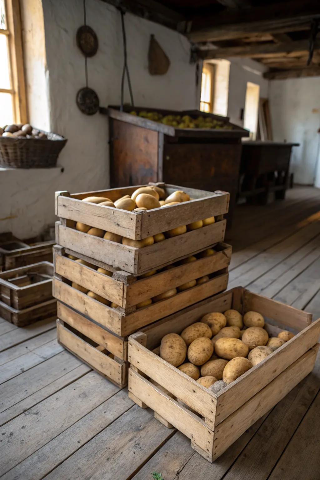 Timber boxes contribute country allure to potato storage.