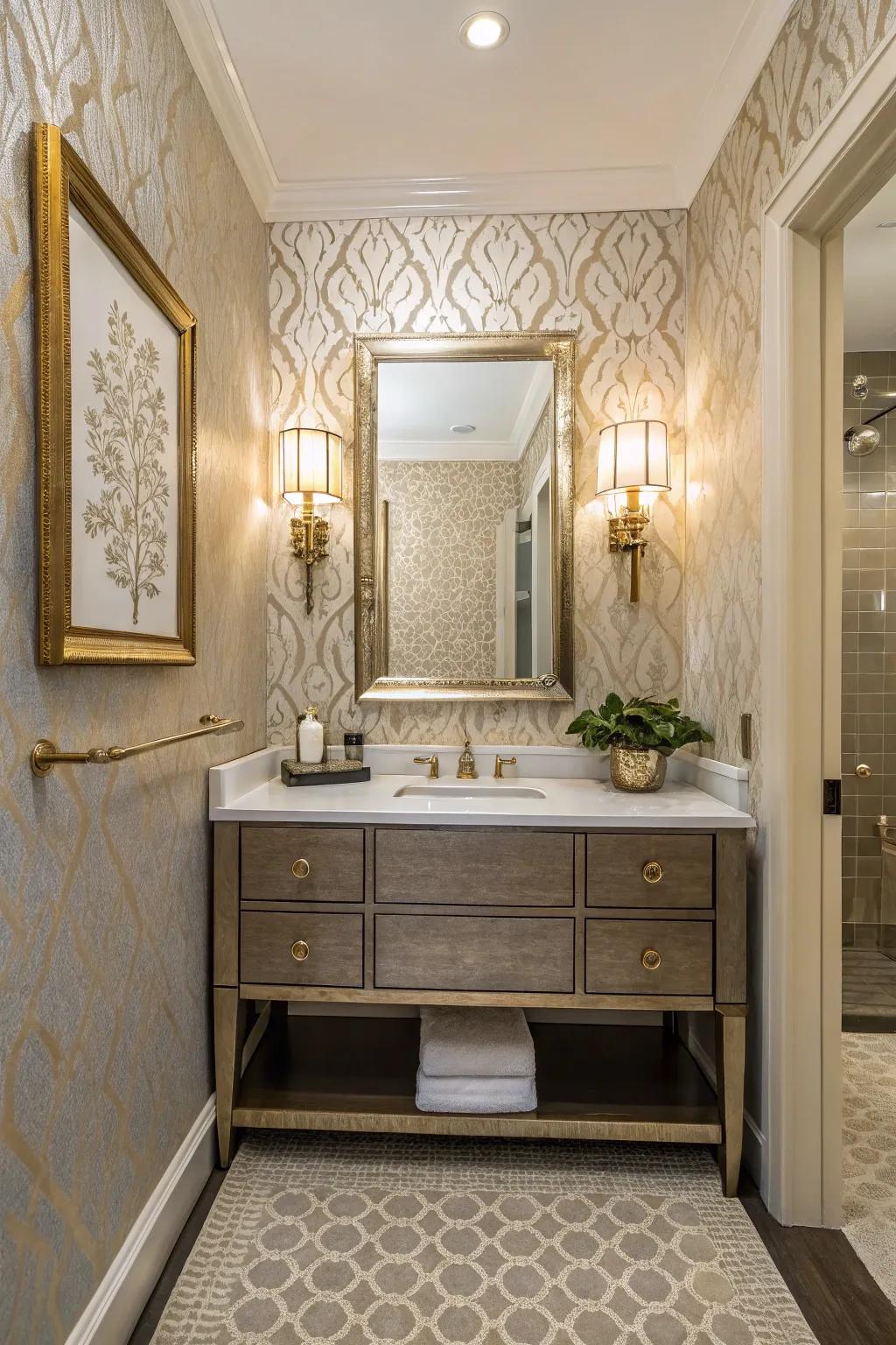 A powder room enhanced by the luxury of sculpted wallpaper.
