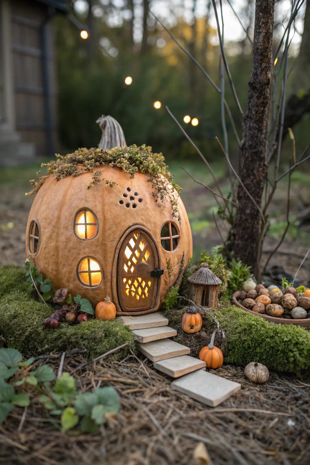 Embrace the sorcery of autumn with a charming pumpkin pixie residence, where simplicity converges with enchantment in a minuscule garden setting.