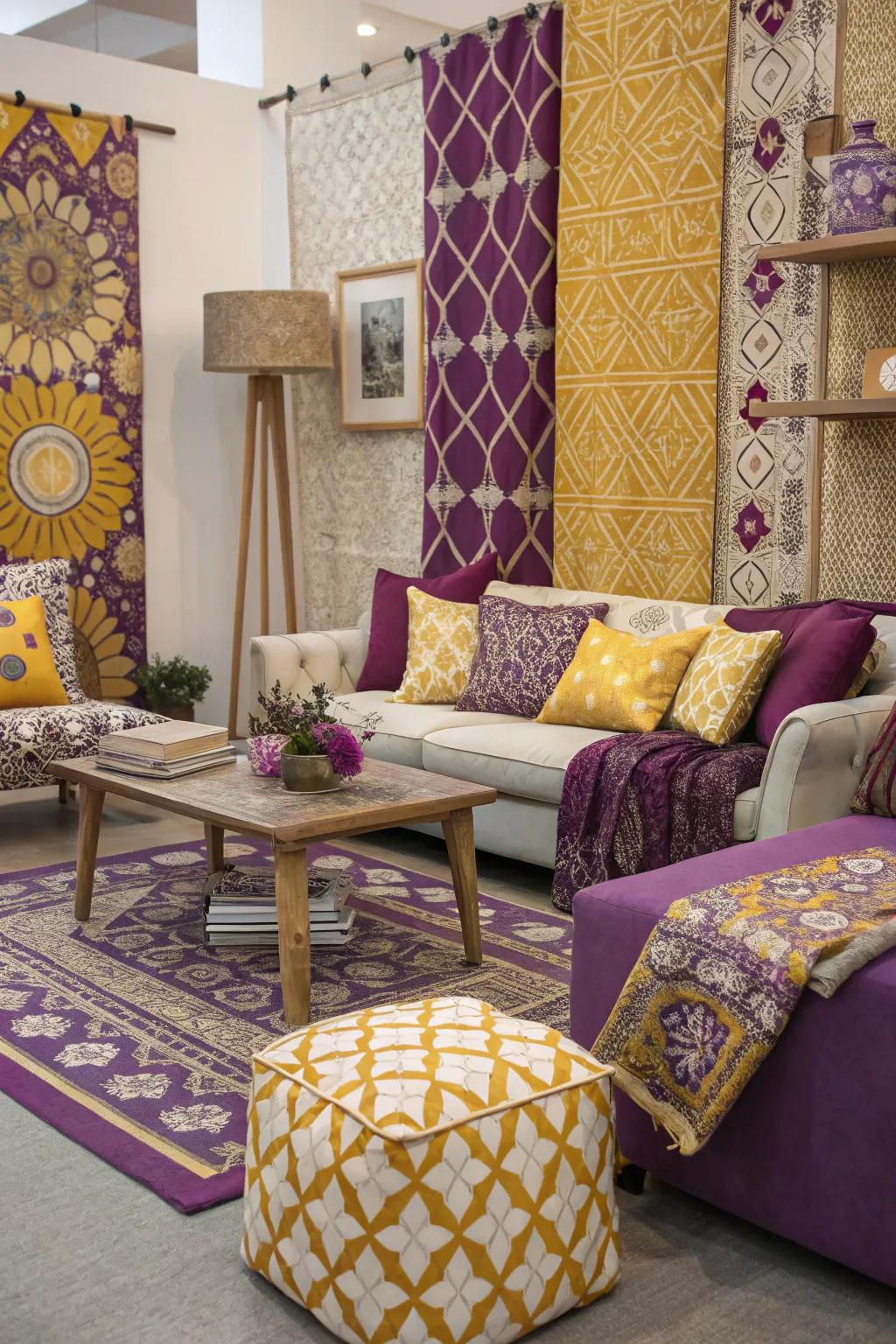 Mixing patterns in purple and gold creates a bold and dynamic look.
