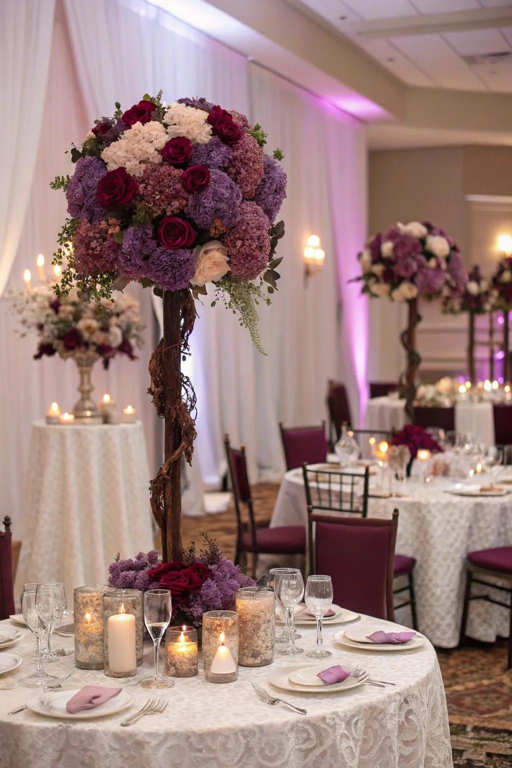 A plum and mauve palette adds warmth and elegance.