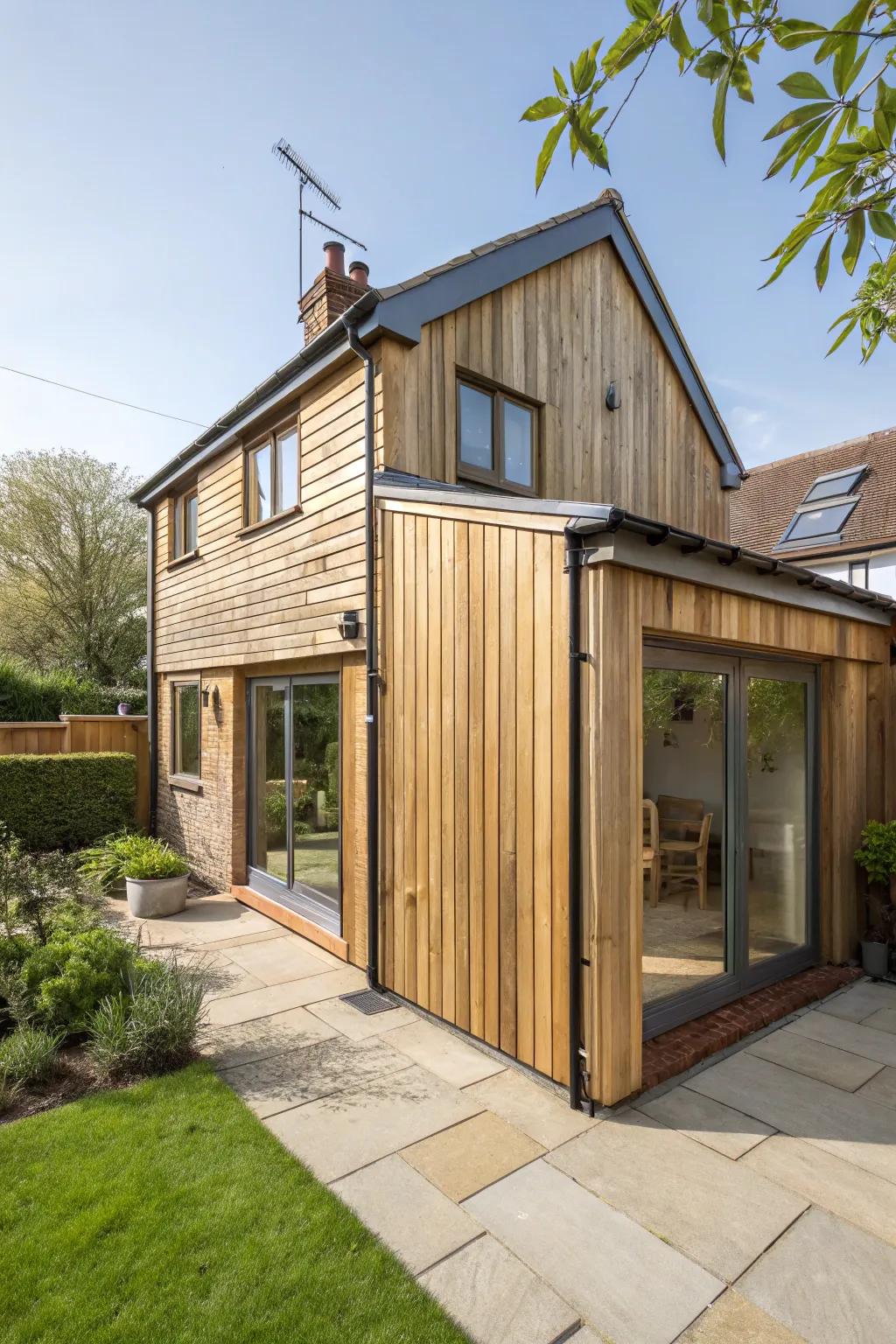 A cozy rear extension with timber cladding for a rustic feel.